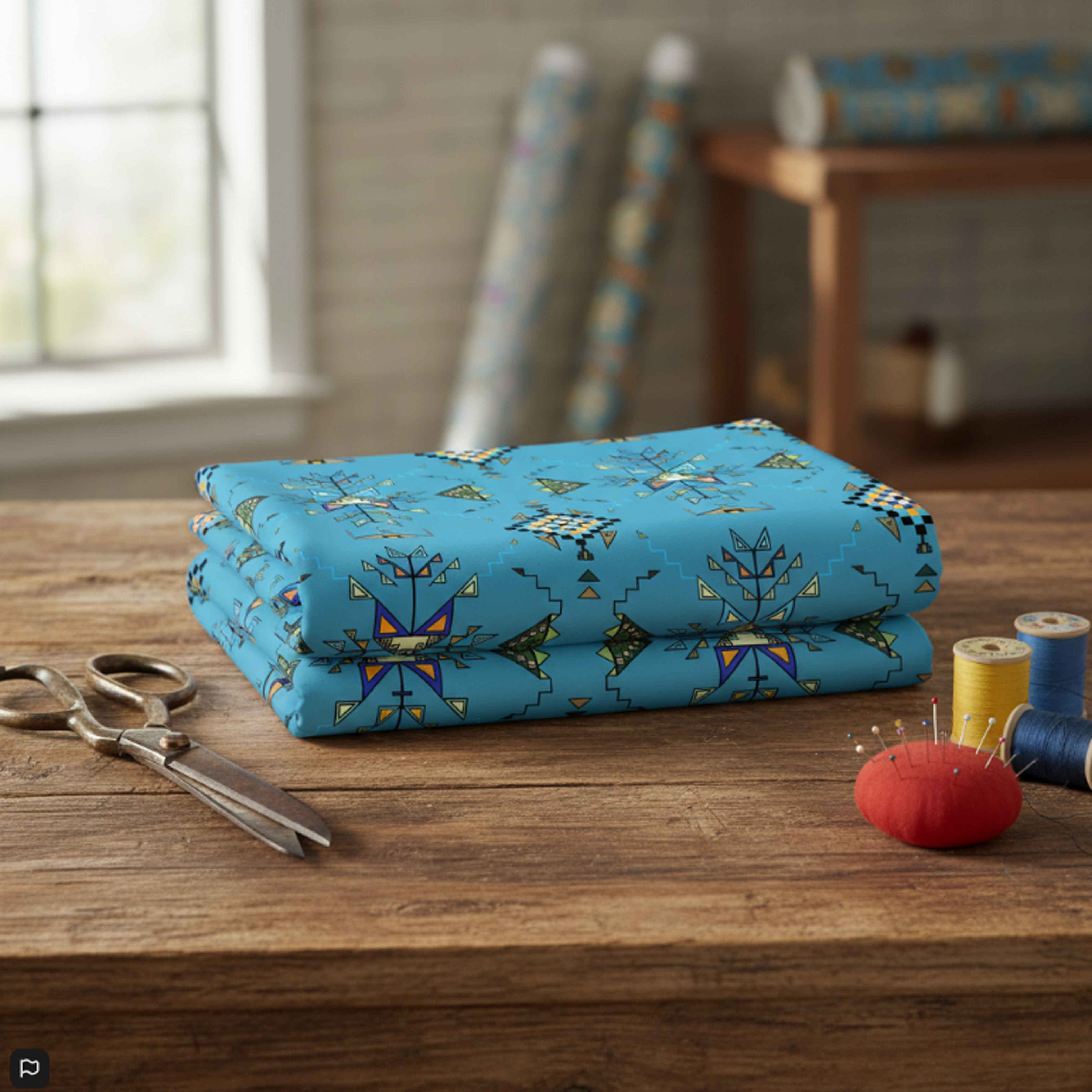 Bear Shield Blue Cotton Poplin